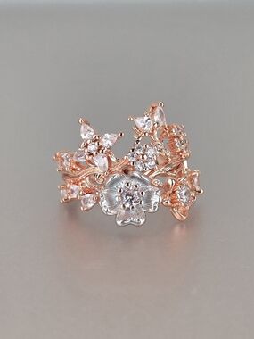 Rose Gold Floral Crystal Statement Ring